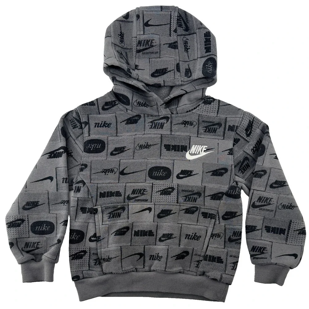 Nike‎ Toddler Hoodie XS 3-4 Years Gray All Over Logo Pullover Sweatshirt